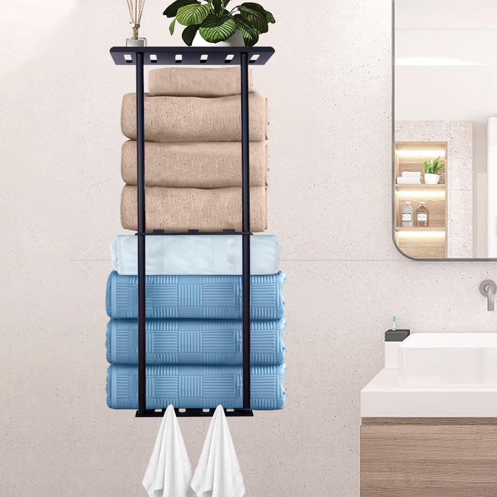 Towel Rack Wall Mounted, 3-Tier Bathroom Towel Shelf Wall Mounted With Hooks, 72cm Space-Saving Black Towels Holder Metal Bathroom Organizer For