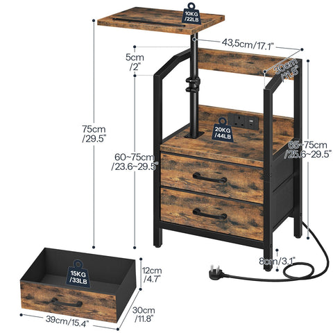 HOOBRO Bedside Table with Charging Station, Swivel Lift Top Nightstand, Height Adjustable, Side Table with 2 Drawers and Tablet Slot