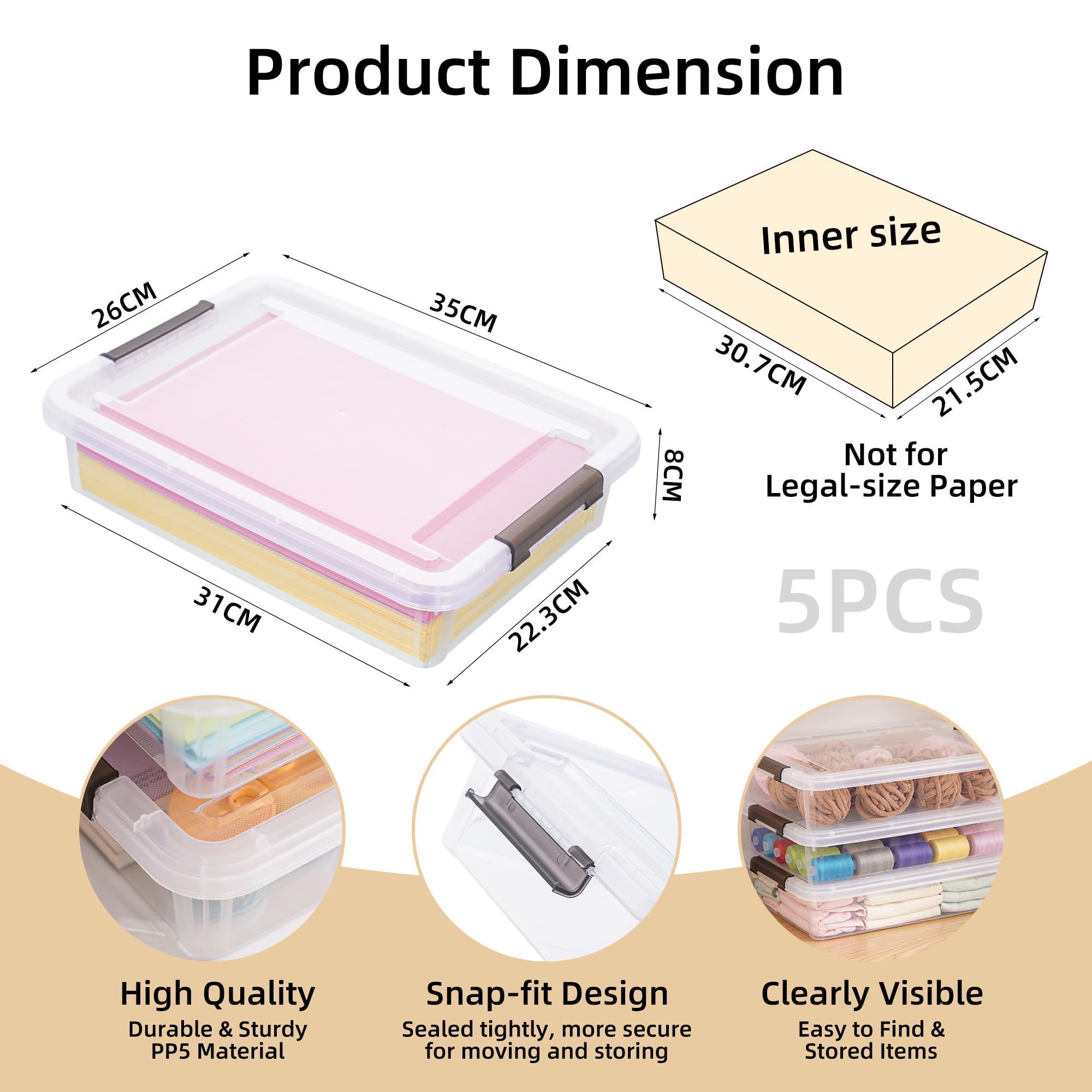 Citylife 5Pack Craft Storage Boxes, 4.5L A4 Plastic Storage boxes with Lids, Handles, Transparent Stackable Craft Organiser for Document, Book