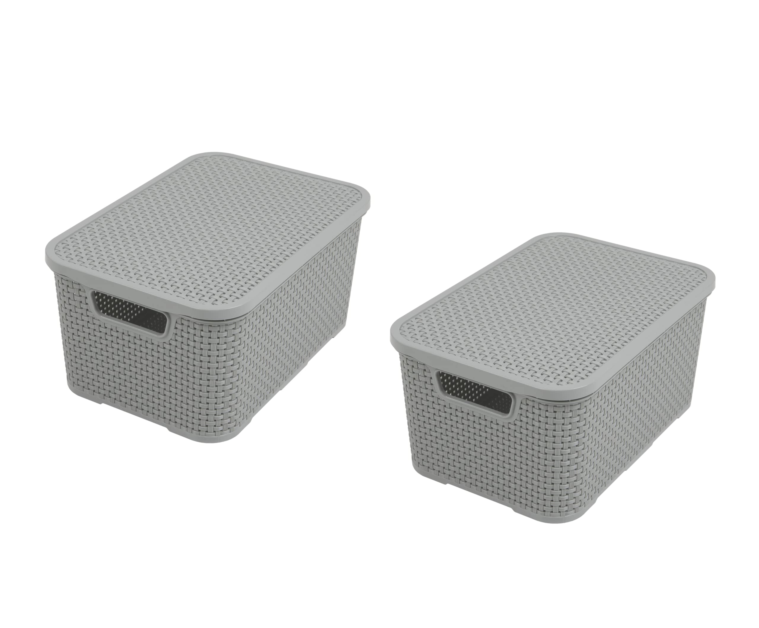 BranQ - Home essential Lid Basket in Rattan Design Size M 10 L BPA- Plastic PP Light Grey 28.8 x 19.7 x 16.2 cm 2 Pieces M