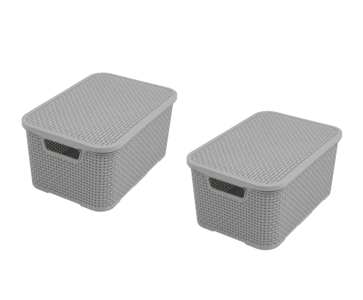 BranQ - Home essential Lid Basket in Rattan Design Size M 10 L BPA- Plastic PP Light Grey 28.8 x 19.7 x 16.2 cm 2 Pieces M