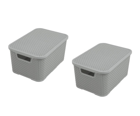 BranQ - Home essential Lid Basket in Rattan Design Size M 10 L BPA- Plastic PP Light Grey 28.8 x 19.7 x 16.2 cm 2 Pieces M