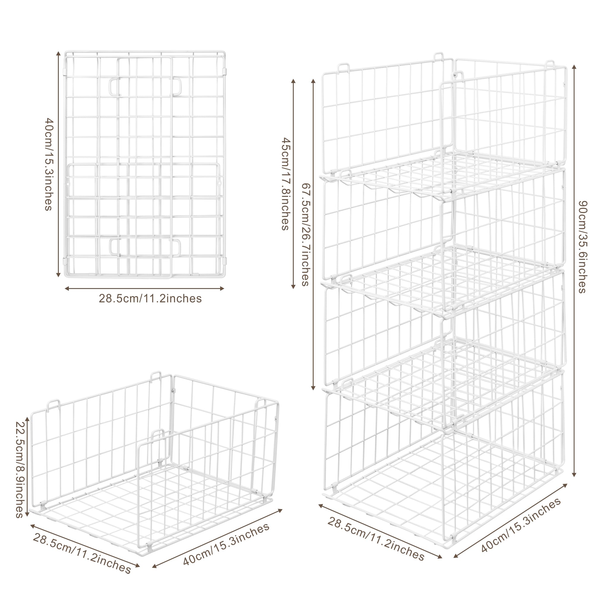 QIWODE Stackable Wardrobe Storage Organiser, Set of 4 Metal Wire Clothes Storage Baskets, Closet Organiser & Shelf Baskets for Bedroom, Pantry
