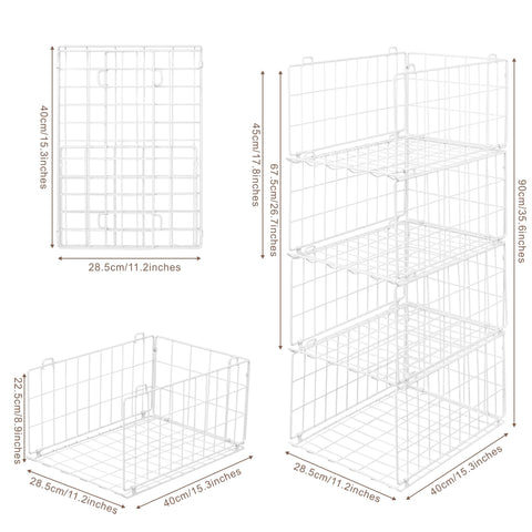QIWODE Stackable Wardrobe Storage Organiser, Set of 4 Metal Wire Clothes Storage Baskets, Closet Organiser & Shelf Baskets for Bedroom, Pantry