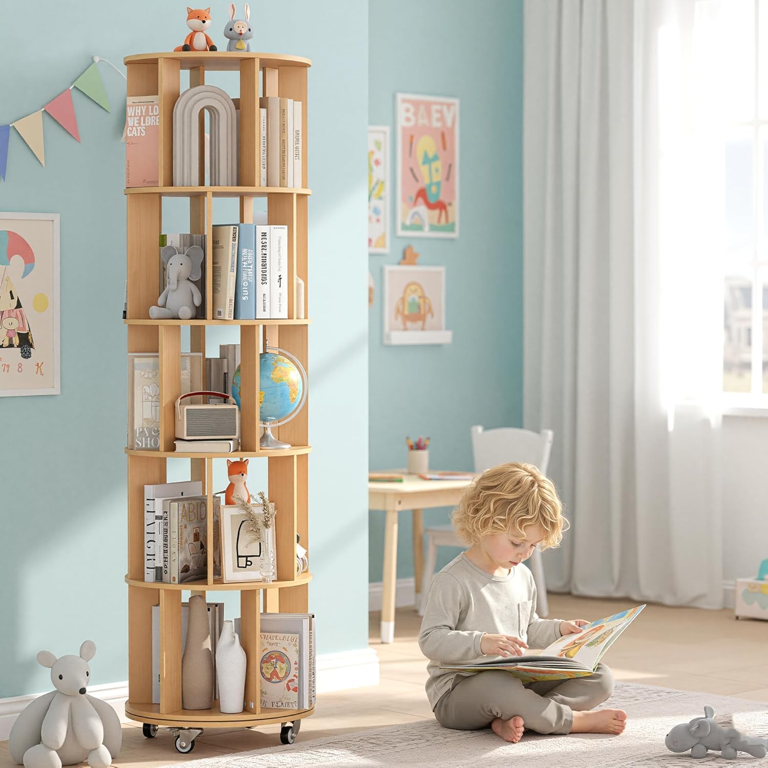 Turosur 5-Tier Rotating Bookshelf, 360° Rotating Bookcase Floor Standing