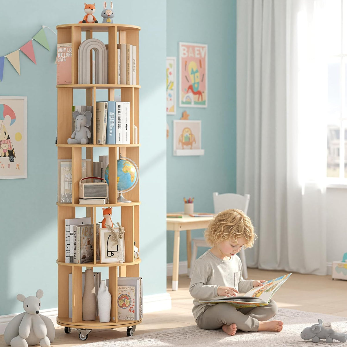 Turosur 5-Tier Rotating Bookshelf, 360° Rotating Bookcase Floor Standing