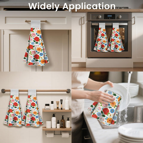 CUTHOLLOW 2 Pcs Various of Flower Hanging Kitchen Towels with Loop