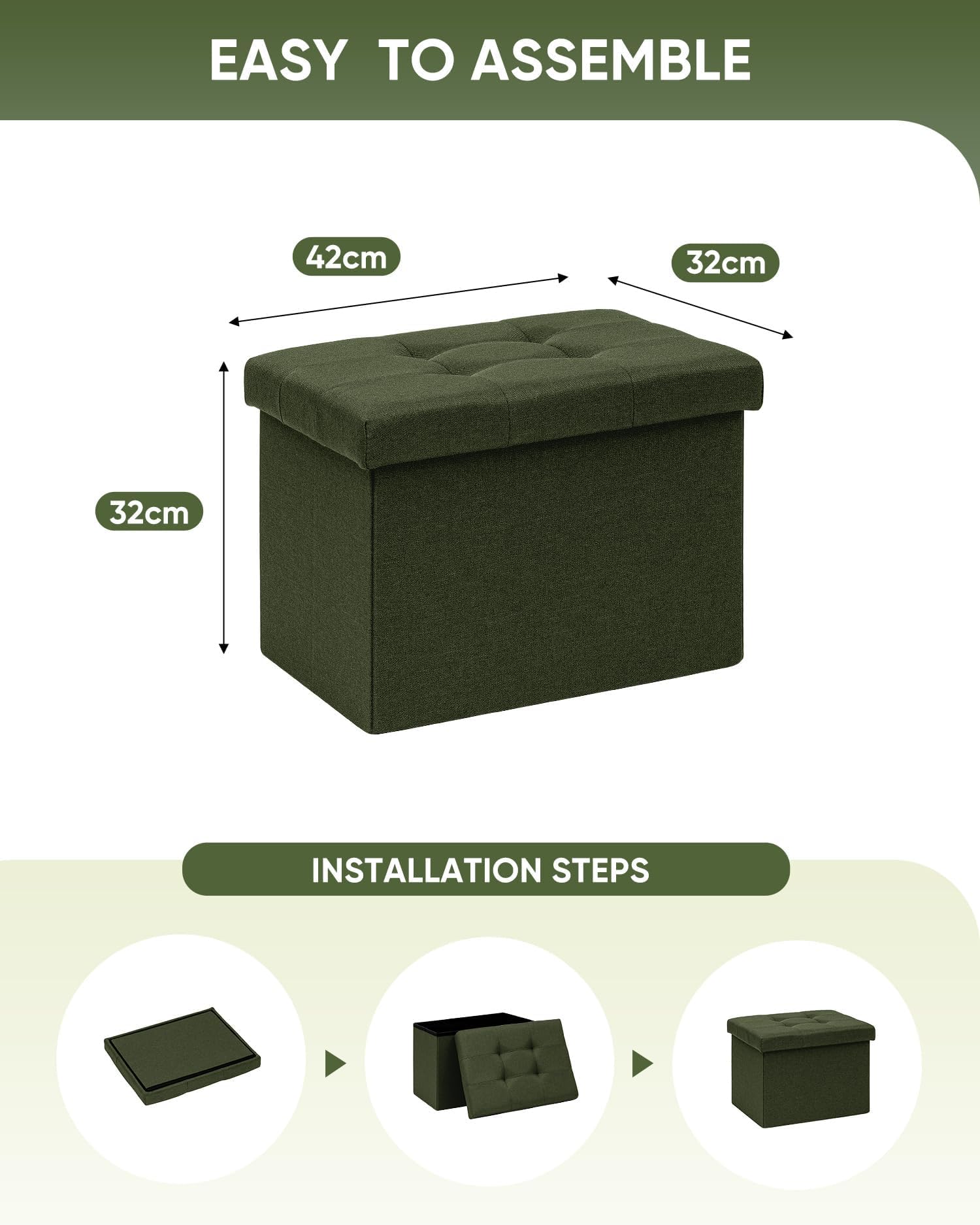 Bonlife Storage Ottoman, Folding Small Foot Rest,Toy Chest Storage Footrest Seat, Footstool for Living Room, Bedroom, Dorm, Linen,Olive,42x32x32cm