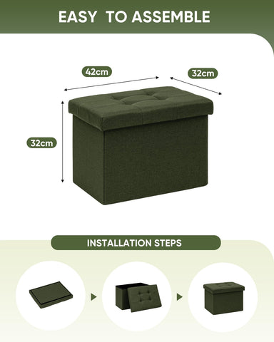 Bonlife Storage Ottoman, Folding Small Foot Rest,Toy Chest Storage Footrest Seat, Footstool for Living Room, Bedroom, Dorm, Linen,Olive,42x32x32cm