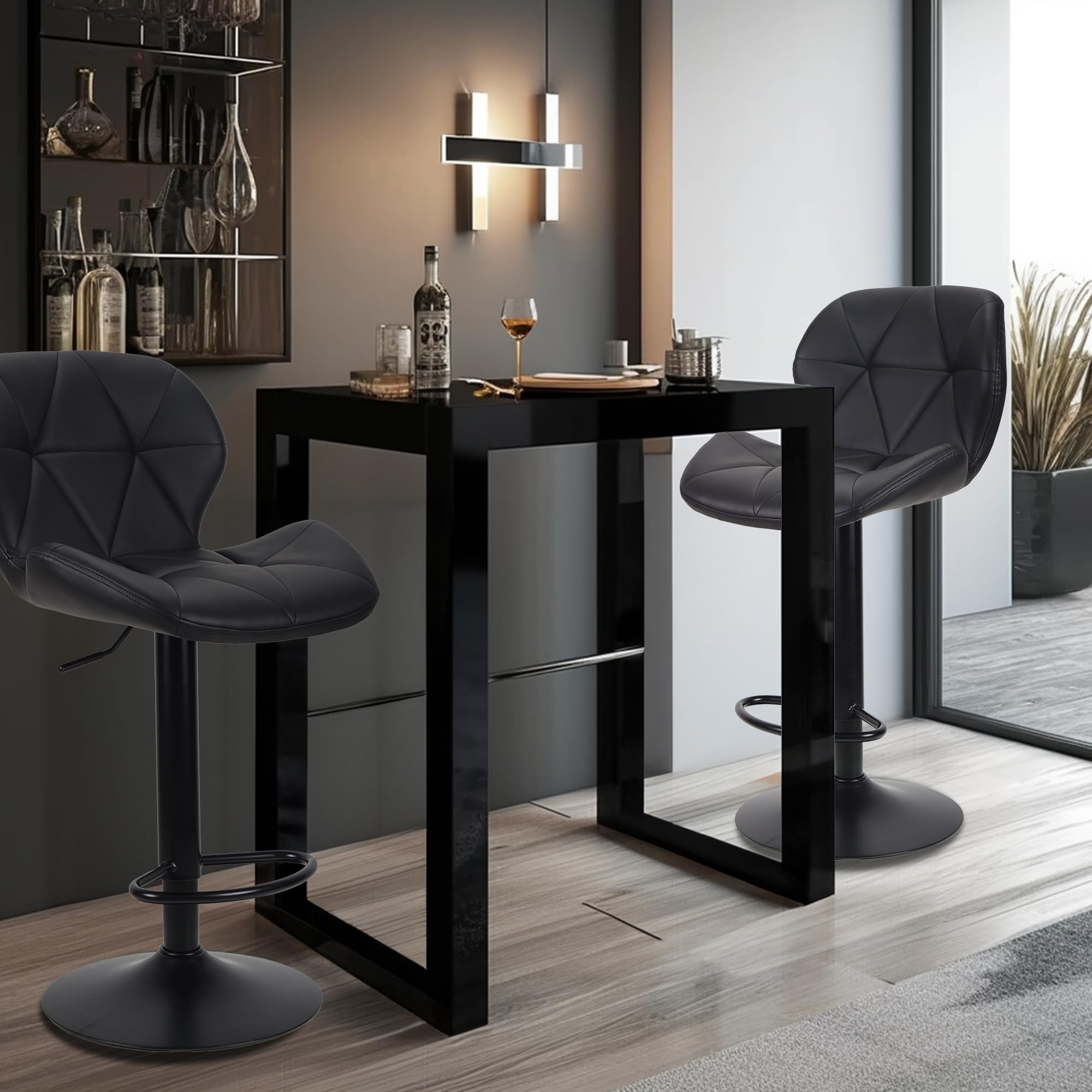 WangPangzi Bar Stools Set of 2 Bar Chairs,Modern Height Adjustable Kitchen Stools With Backs, Swivel Faux Leather Kitchen Island Chairs(All Black)