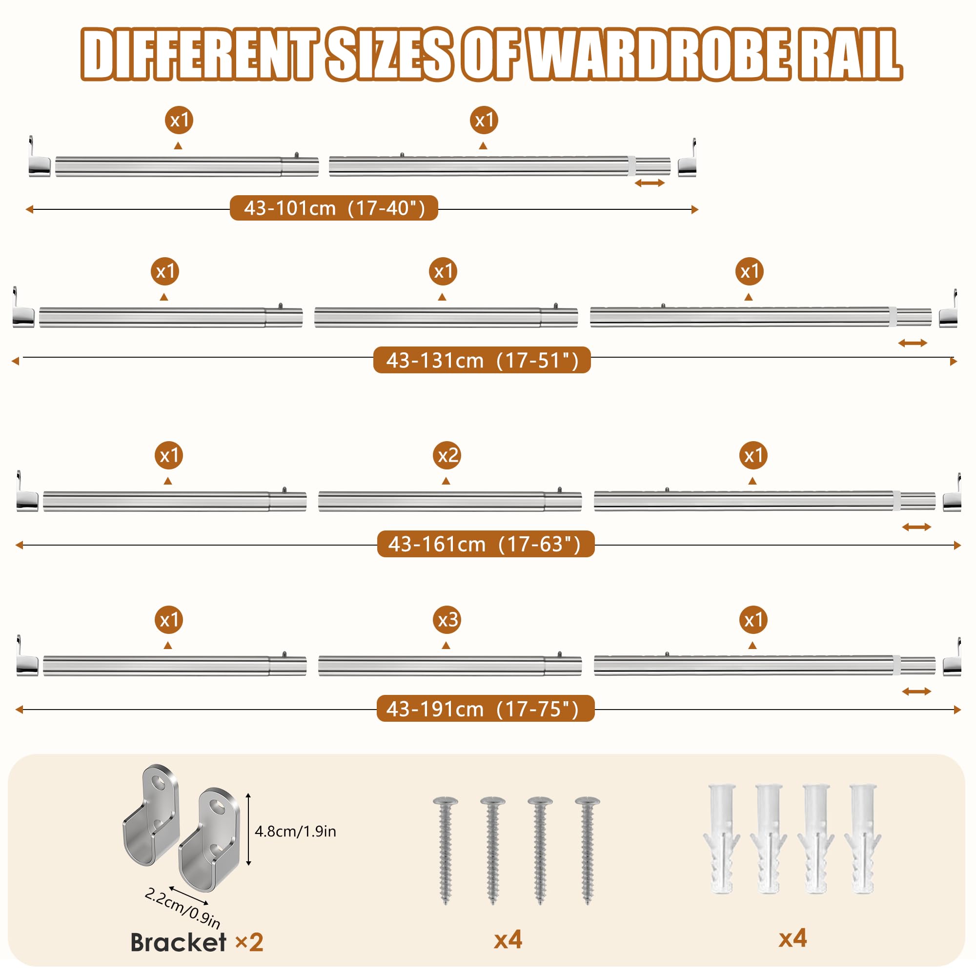 Poskena Silver Wardrobe Rail Heavy Duty,43-101cm Metal Clothes Rail