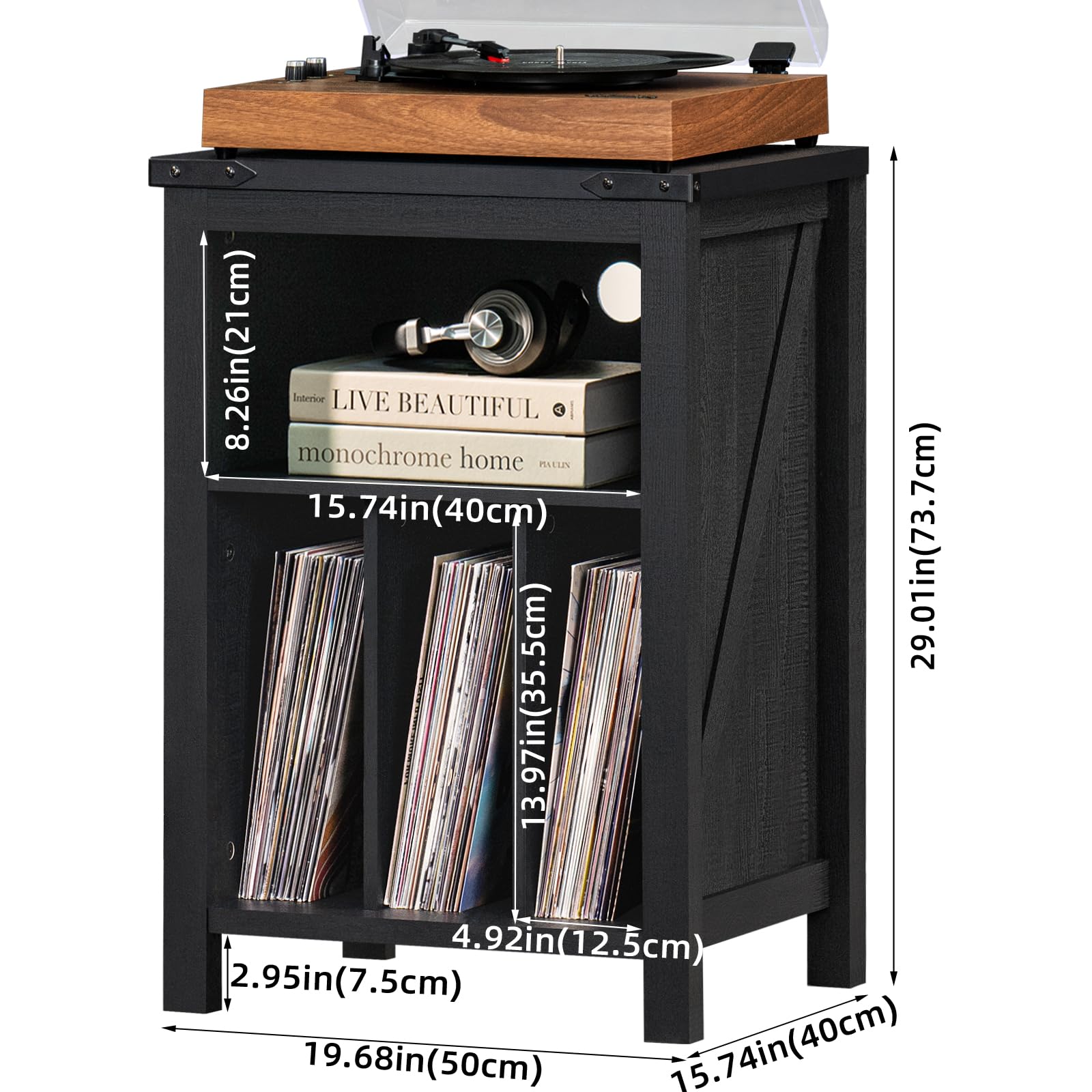 LELELINKY Record Player Stand with Vinyl Record Storage,Black