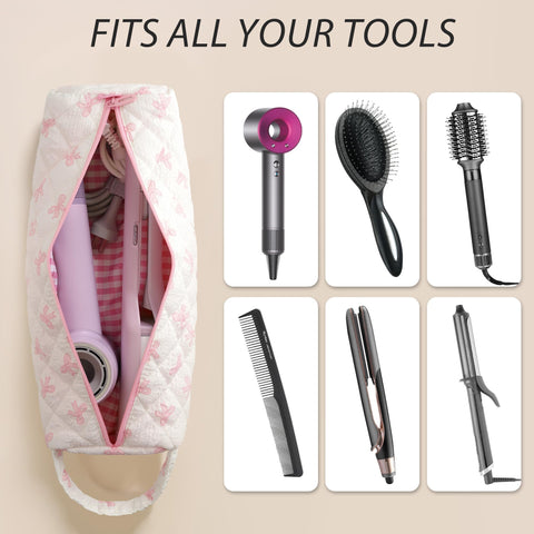 Linpr Cute Quilted Portable Hair Styling Tool Travel Bag, Bow Pink