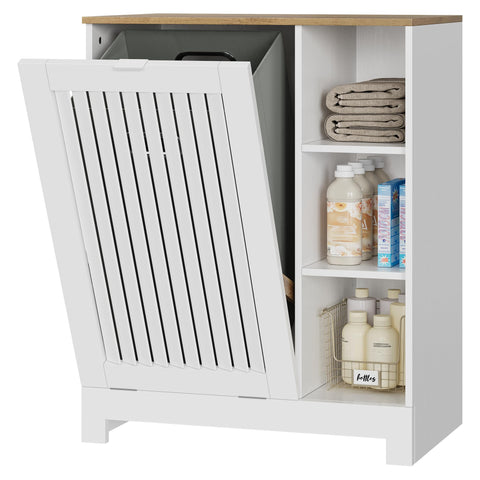 Smart FENDEE Tilt Out Laundry Hamper Cabinet with Louvered Door and Side Shelf, Bathroom Storage Cabinet with Removable Clothes Bin, 60 x 37 x 75 cm
