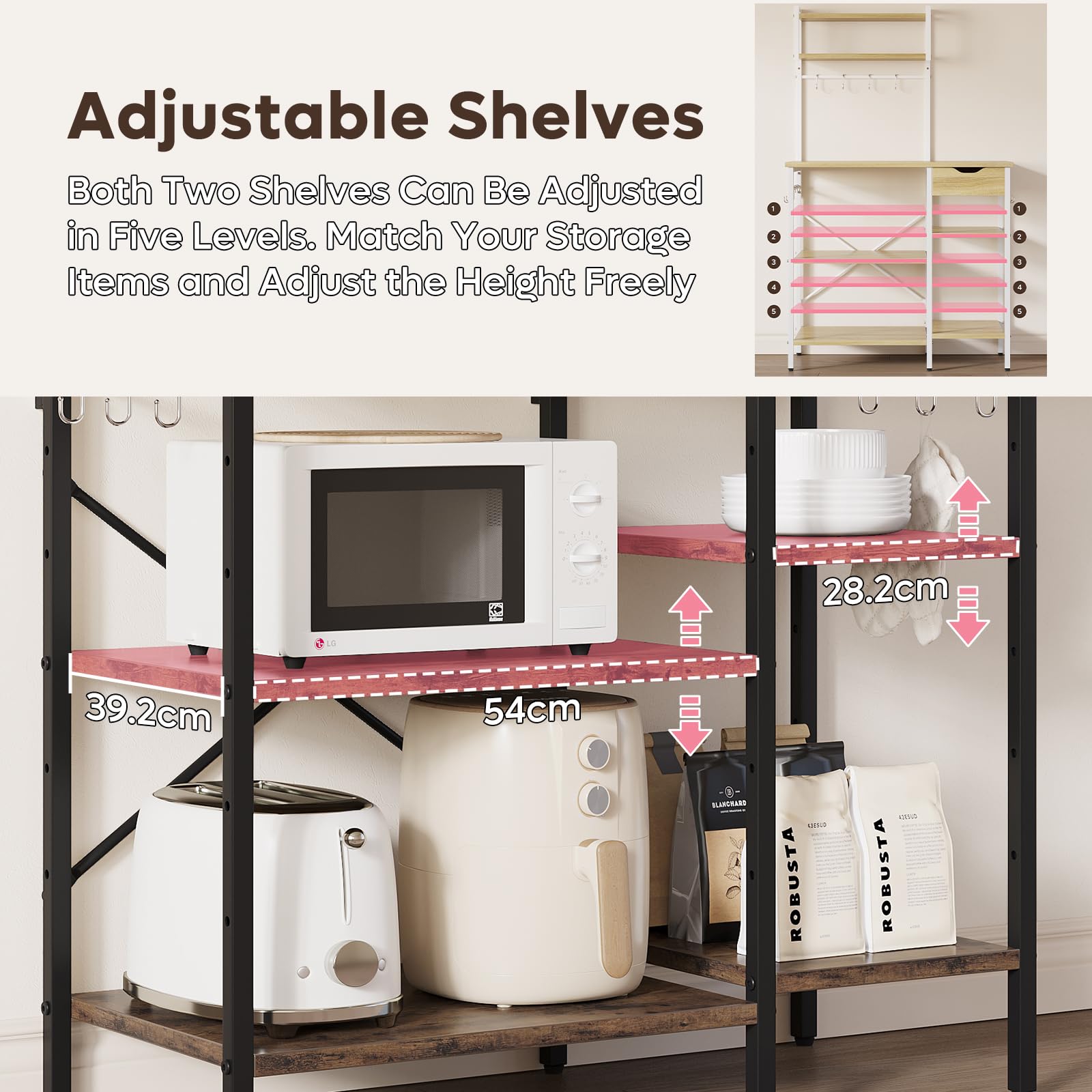 Bestier Microwave Oven Rack, 90cm Large Microwave Oven Kitchen Rack with 2 Height-Adjustable and Removable Shelves, High Load-Bearing Design, Drawers