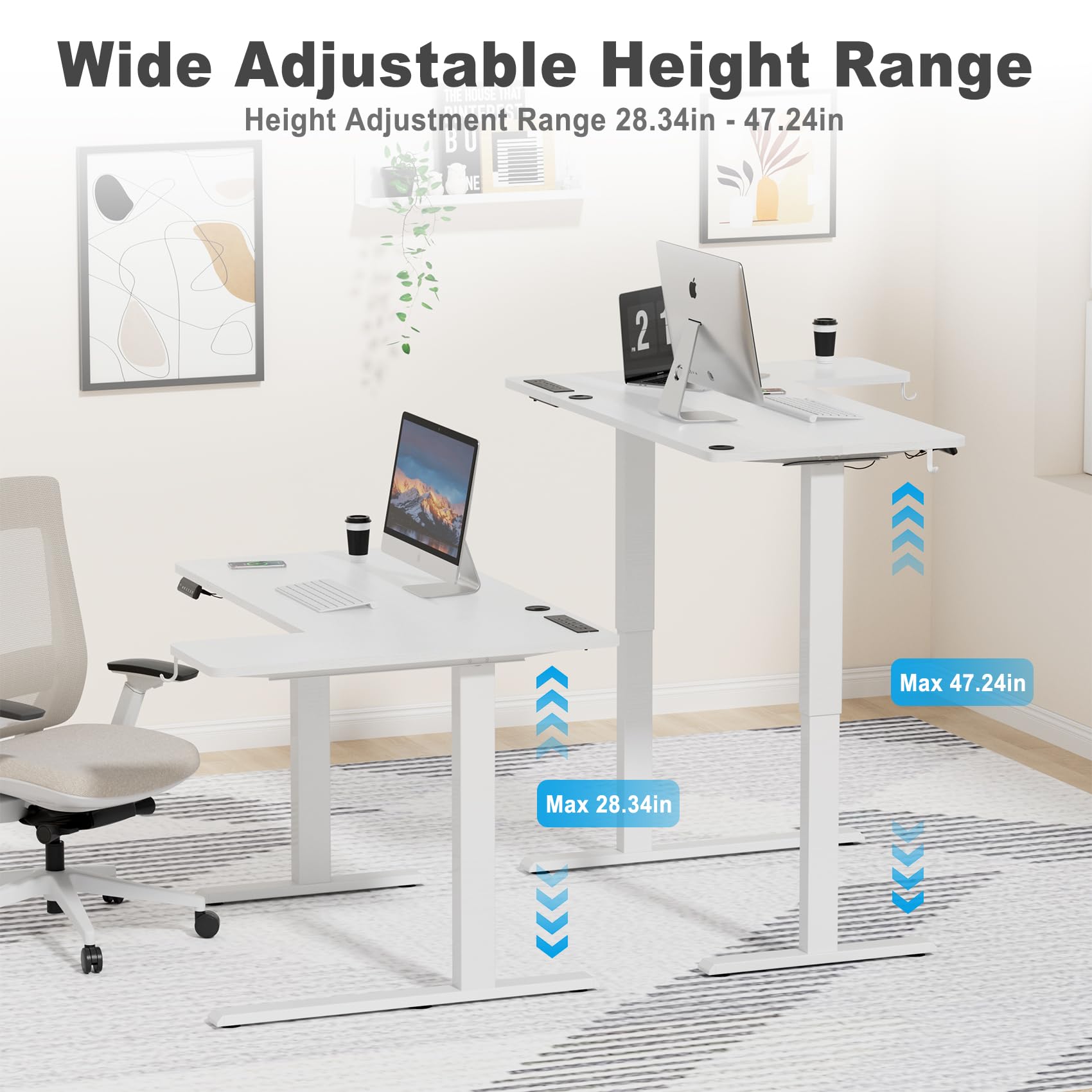 COWISH Electric Standing Desk 120x60cm Sit Stand Table Height Adjustable L Shaped Standing Desk with Built-in Power Outlet & Memory Smart Panel, White