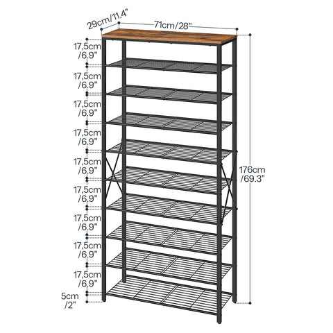 HOOBRO 10-Tier Shoe Rack, Tall Shoe Rack Storage, Large Capacity Shoe Organizer, Tall Shelf, Industrial Storage Rack, Adjustable Metal Mesh