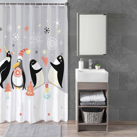 Woutay Shower Curtain Mould Proof Resistant Happy Penguin,Water Repellant Fabric,Polyester,with 12 Plastic Hooks