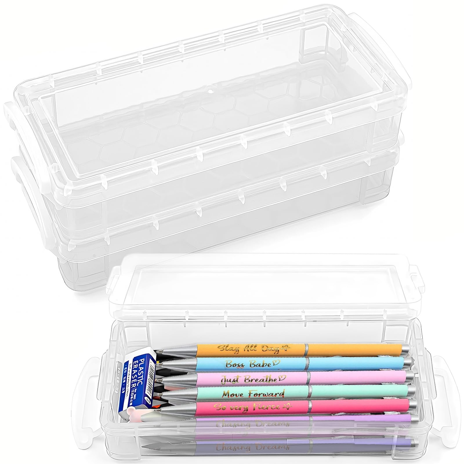 DARUITE Pencil Box, 3 Pack Pen Storage Organiser with Snap Tight Lid
