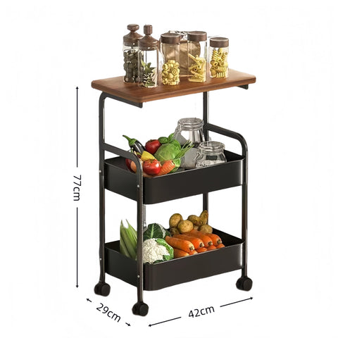 3-Tier Trolley on Wheels,with Wooden Shelves and Metal Baskets Black