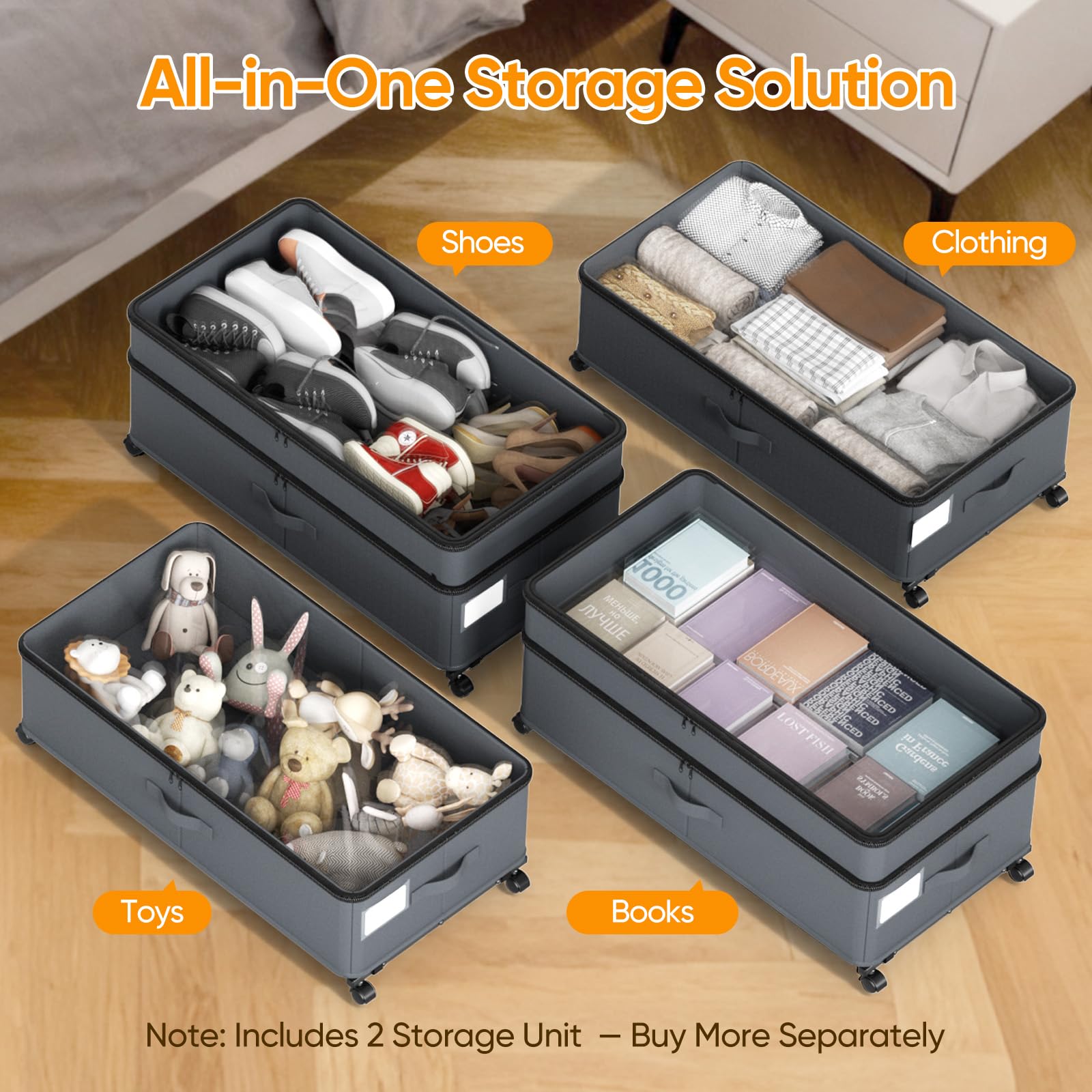 Ovshnrr 70L Under Bed Storage with Wheels, 2 Pack XXL Underbed Storage Drawers, Adjustable 10in High Closet Organizers with Lid