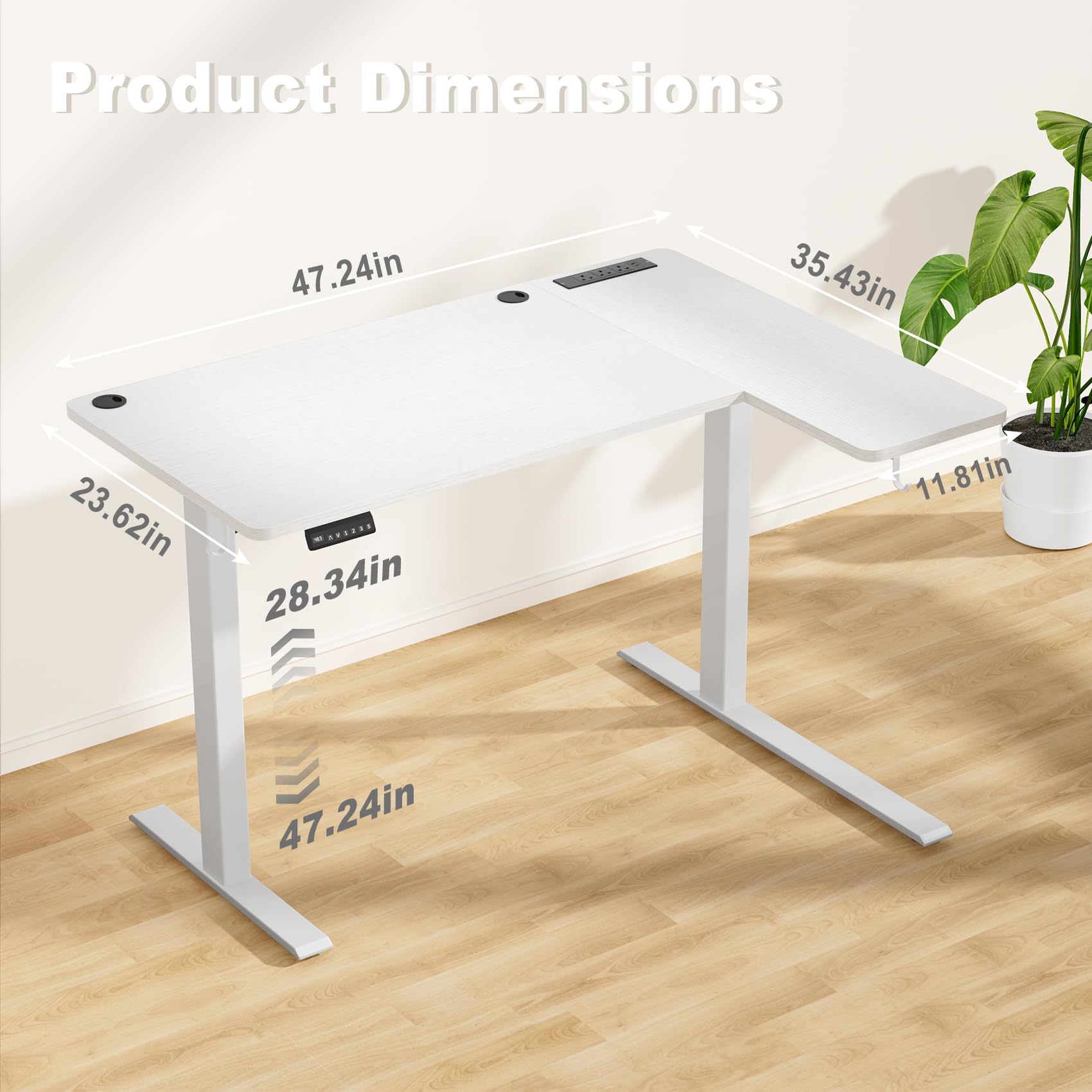COWISH Electric Standing Desk 120x60cm Sit Stand Table Height Adjustable L Shaped Standing Desk with Built-in Power Outlet & Memory Smart Panel, White