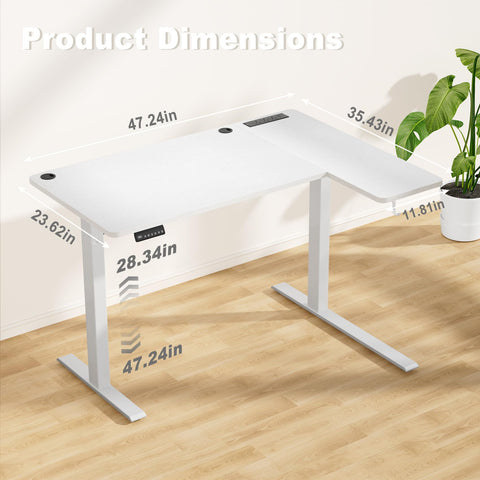 COWISH Electric Standing Desk 120x60cm Sit Stand Table Height Adjustable L Shaped Standing Desk with Built-in Power Outlet & Memory Smart Panel, White