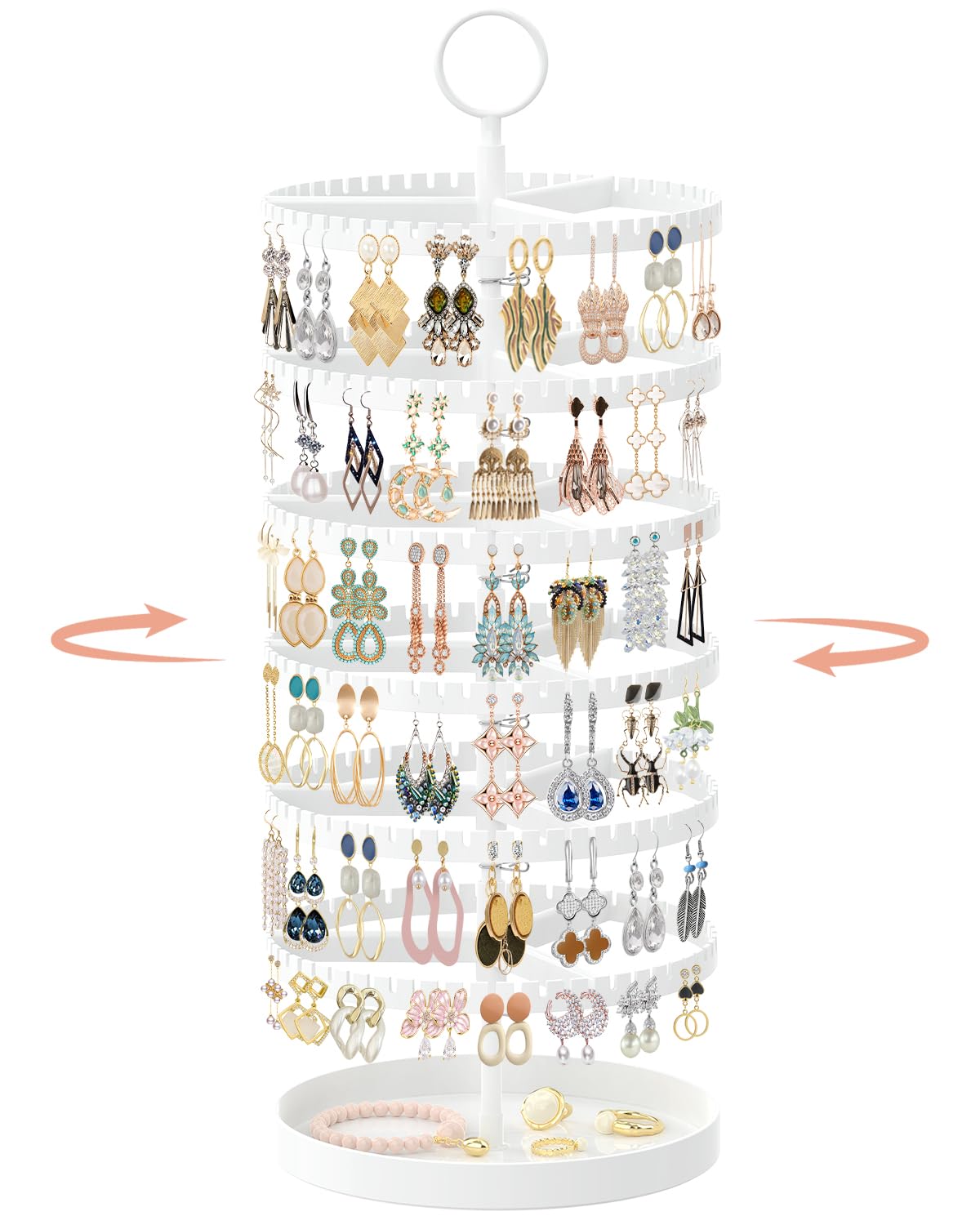 iDavosic.ly 6 Tier Rotating Earring Holder Organizer with Metal Tray, White