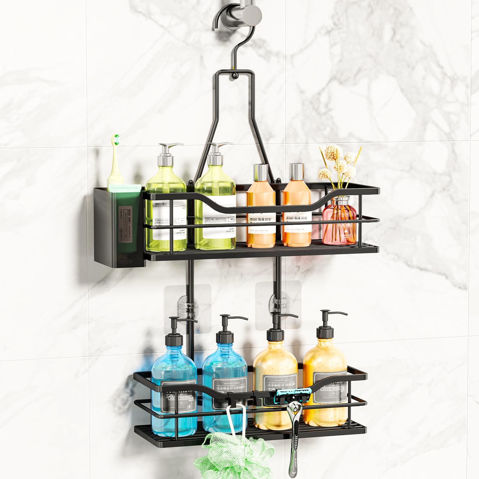 SWTYMIKI Shower Caddy Hanging Organiser-2-Tier No Drill Shower Organiser with 360° Rotating Hook