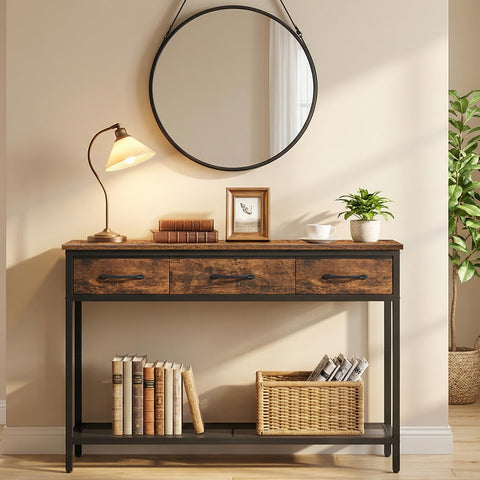 MAHANCRIS Console Table with 3 Fabric Drawers, Narrow Console Table with Open Shelf, 97 cm L Slim Entryway Table, Couch Table, for Hallway