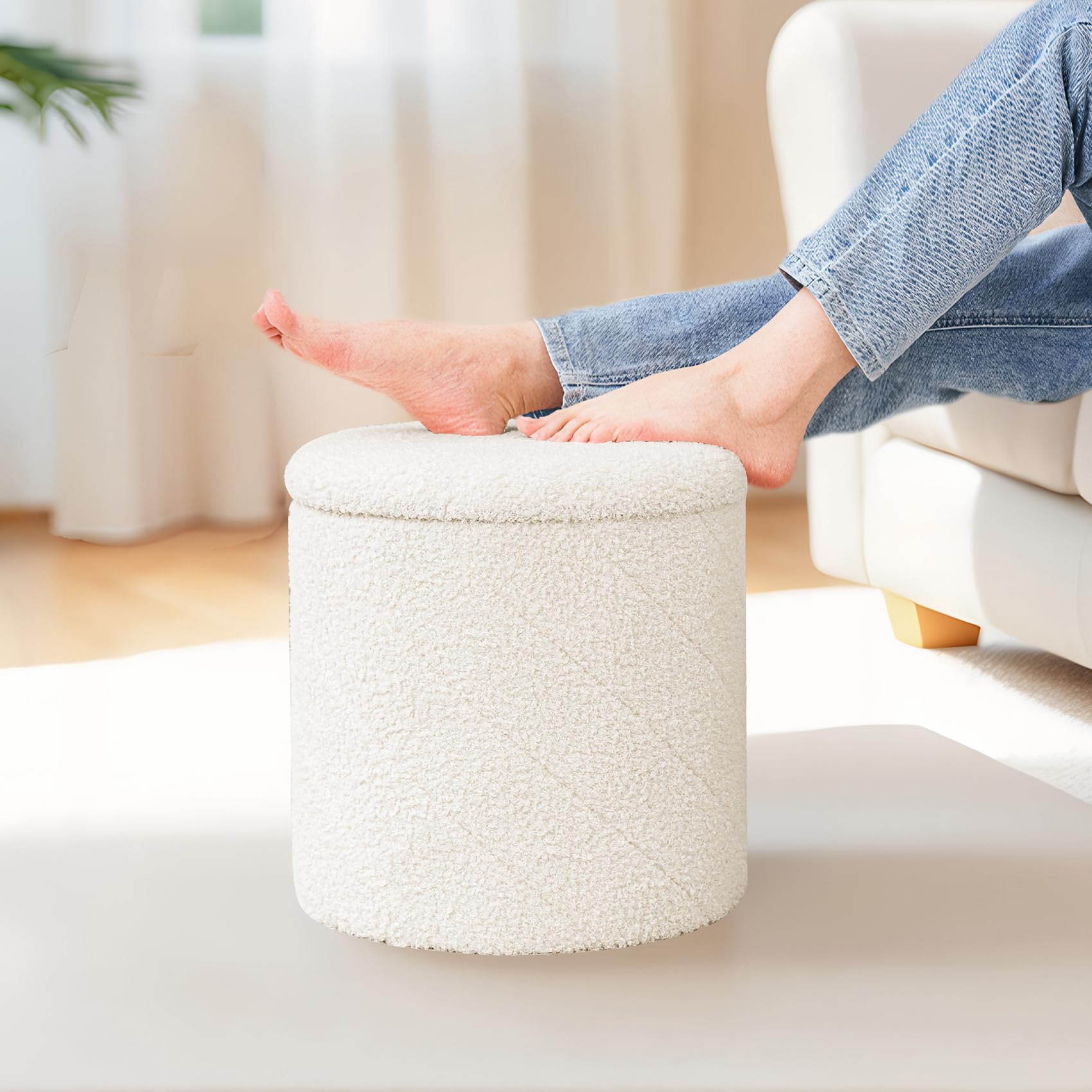 PINPLUS Round Ottoman Storage Box, Folding Stool, White, 33x33x35 cm