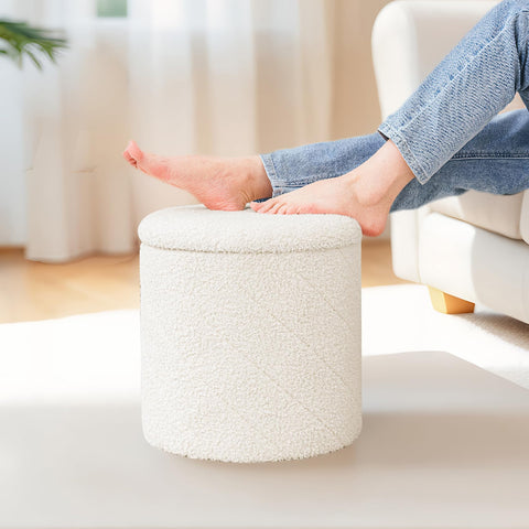 PINPLUS Round Ottoman Storage Box, Folding Stool, White, 33x33x35 cm