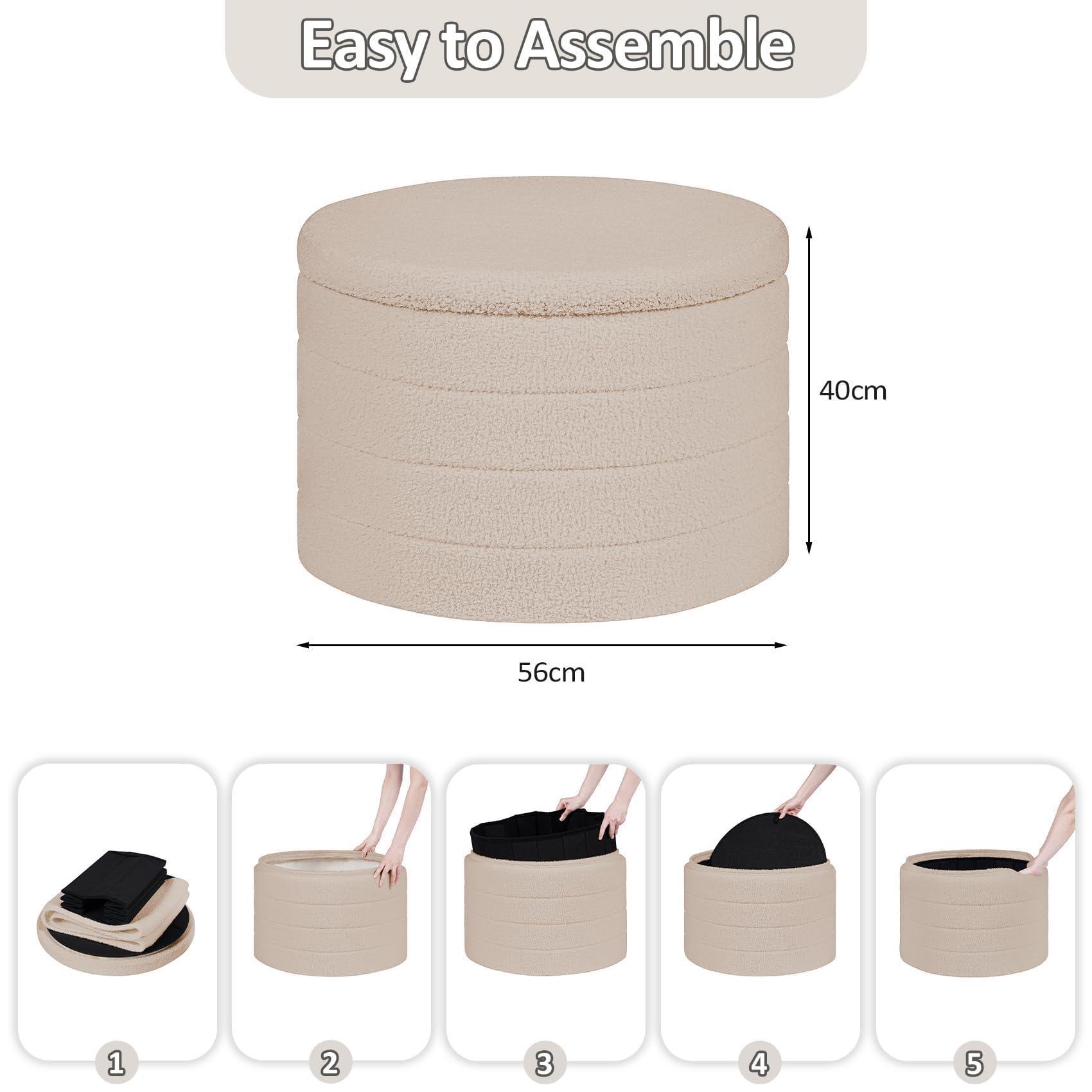PINPLUS Round Ottoman Storage, Convertible Table, Beige, 56x56x40 cm