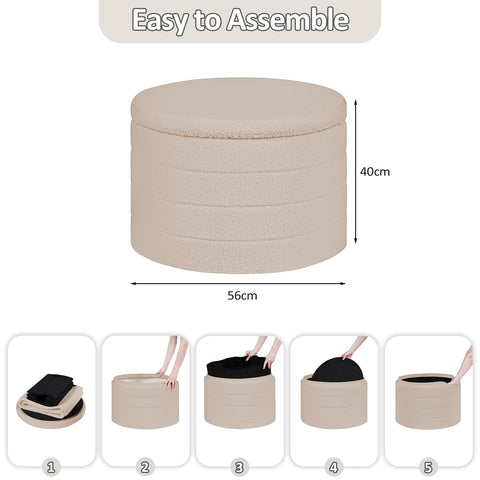 PINPLUS Round Ottoman Storage, Convertible Table, Beige, 56x56x40 cm