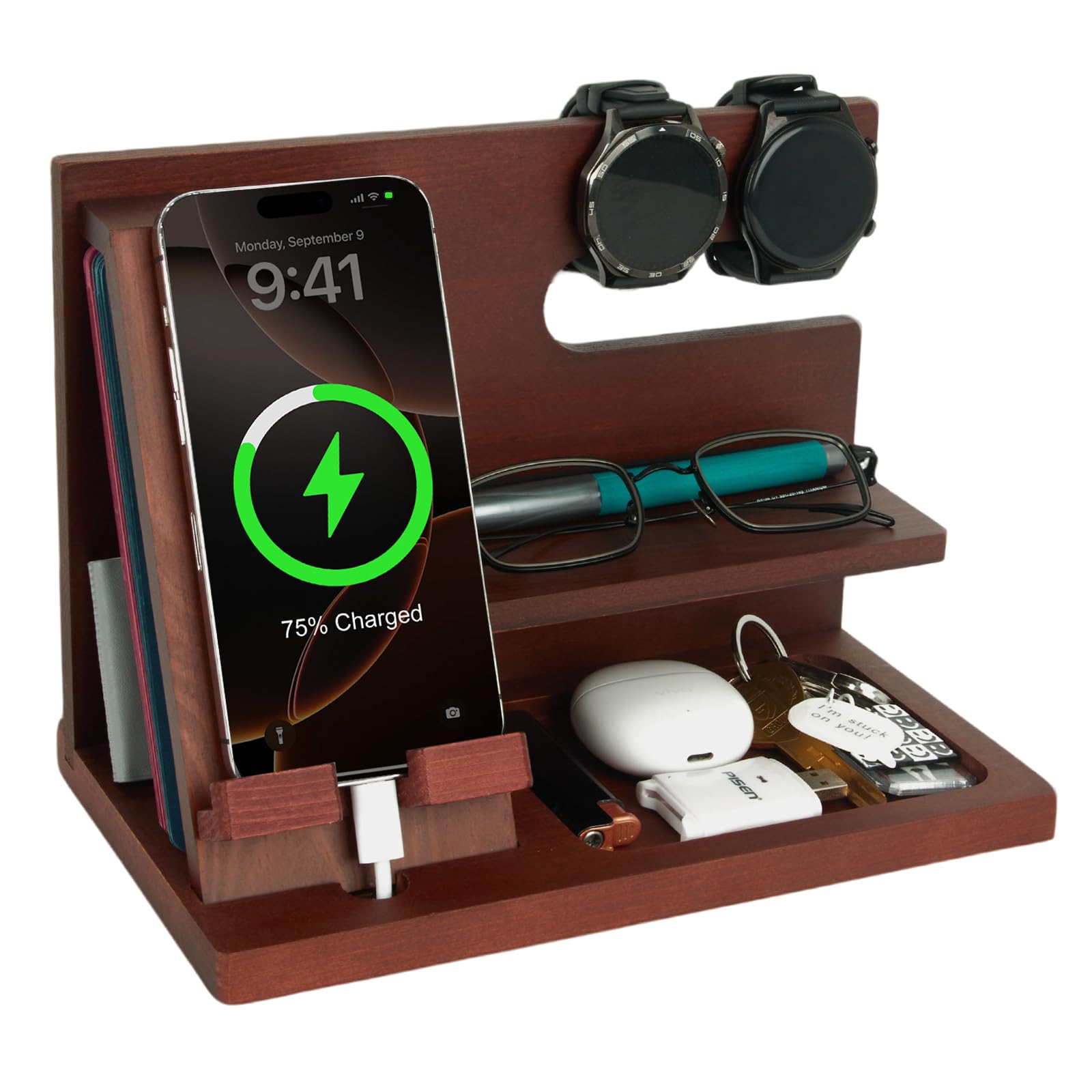 ELEVAT Gifts for Men Christmas Wood Phone Docking Station Desk Organizer Fathers Gifts Anniversary Birthday Gifts for him Xmas Presents for Dad