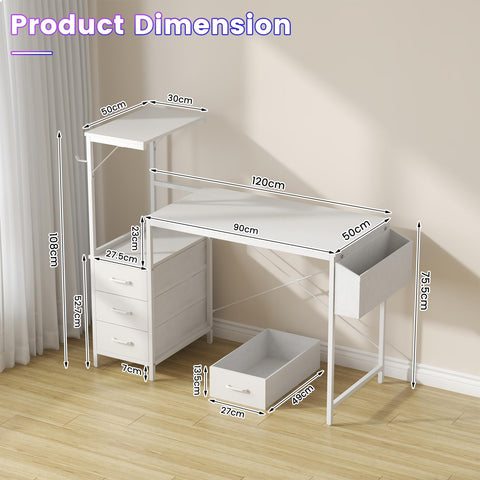Feonase 47" Computer Desk with 3 Drawers & Shelf, Side Pocket, Dual-Panel 2-in-1 Design, Monitor Riser & Lamp Holder Compatible