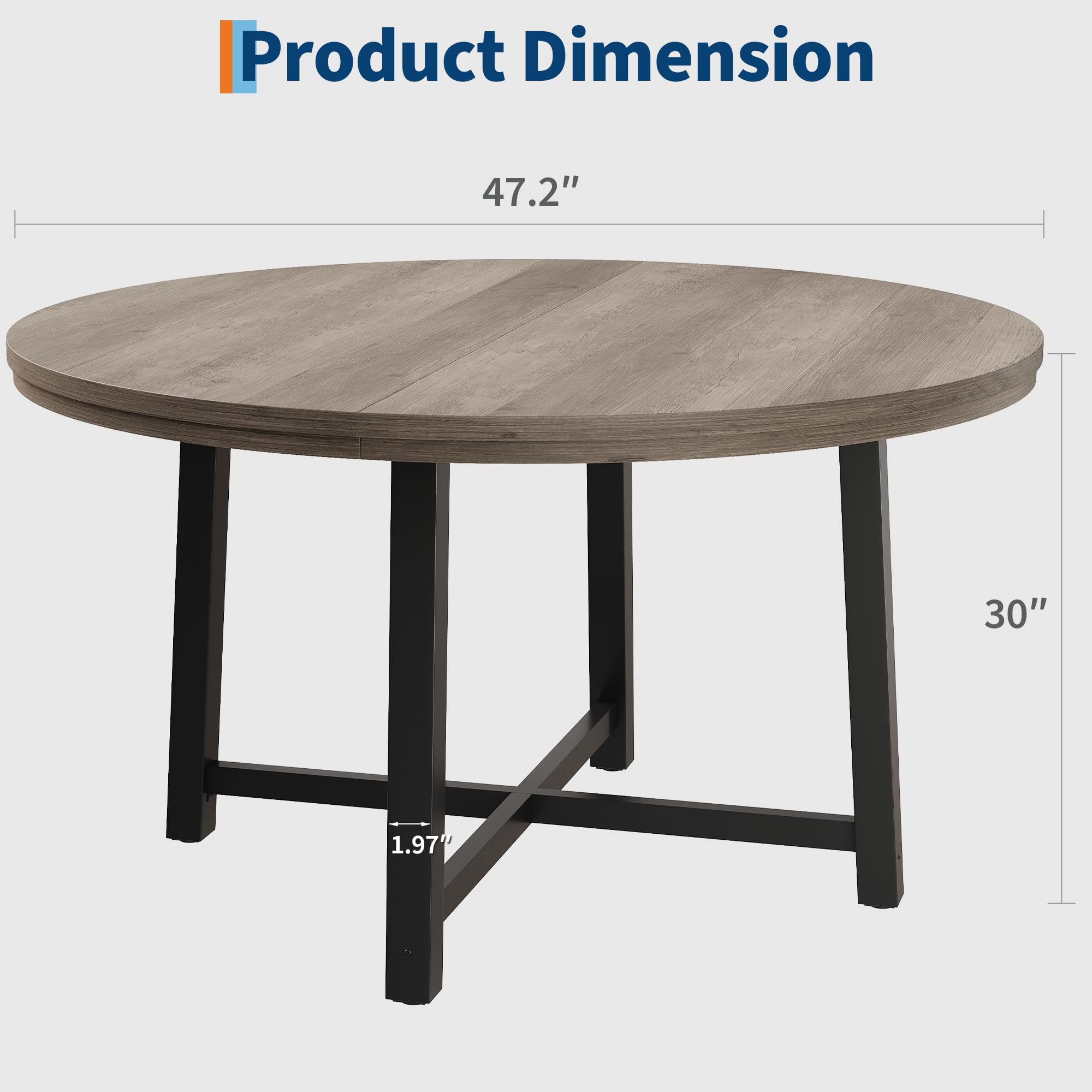 47 in Round Dining Table, Industrial Dinner Table for 4 to 6, Wooden Kitchen Table with Sturdy Metal Frame & Rustic Light Oak Finish
