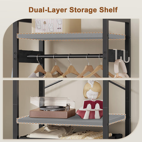 Hoctieon Open Wardrobe Clothes Rail, Garment Rack with Removable 35L Fabric Storage Basket & Tier Shelves, Freestanding Coat Stand for Hallway