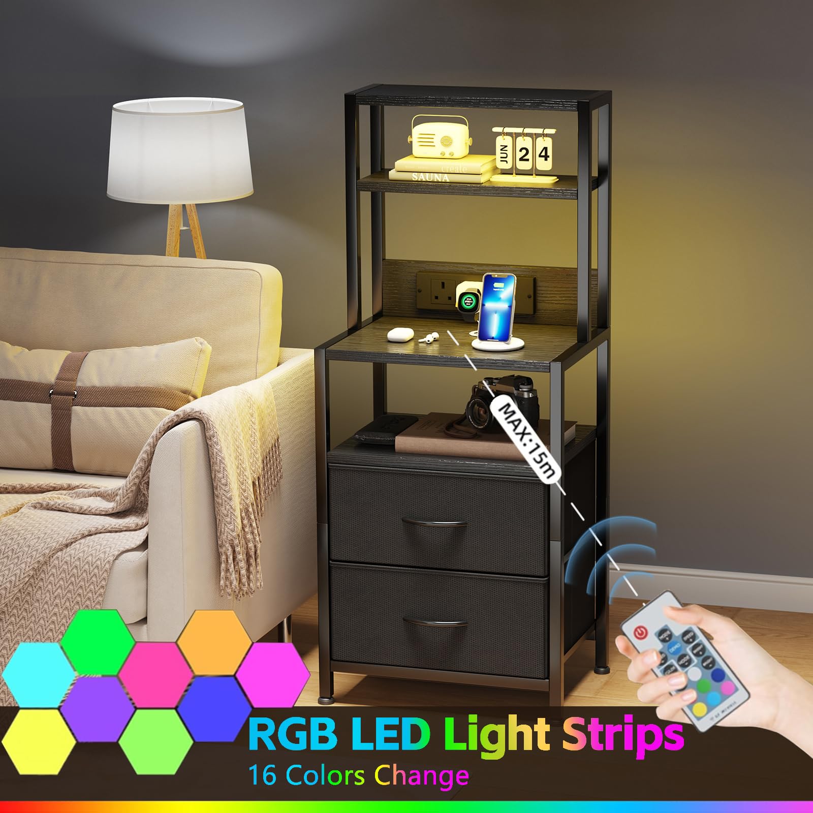 MUTUN Bedside Table with Charging Station and LED Light Strips, Nightstand with Drawers, Bedside Cabinet for Living Room, Bed Side Table for Bedroom
