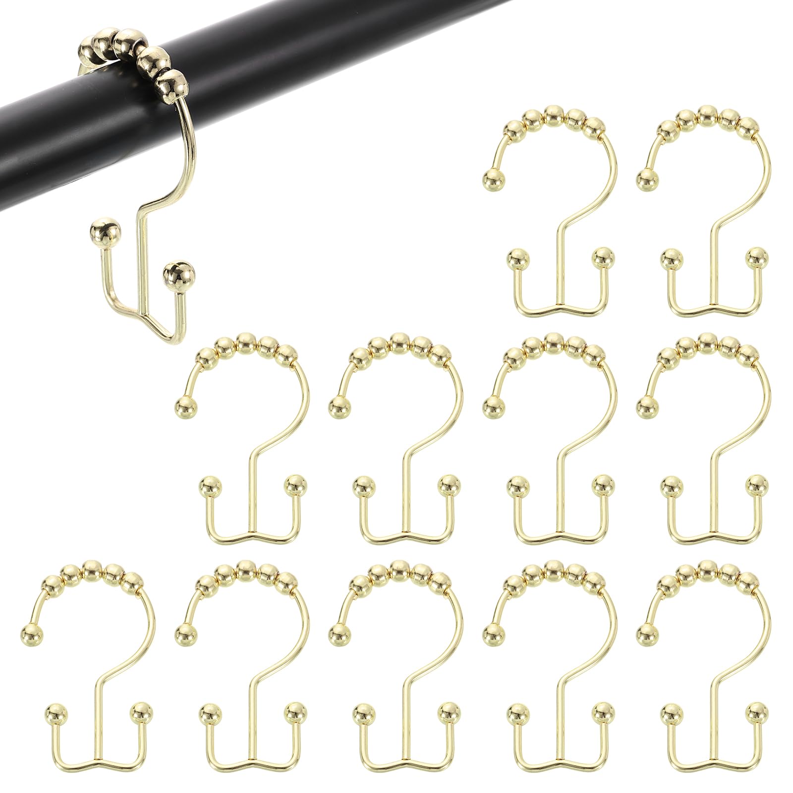 sourcing map 12Pcs Shower Curtain Hooks, Metal Double Glide Shower Rings, Curtain Rolling Shower Hooks for Rust-Resistant Sliding Smoothly, Gold