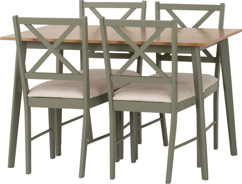 Seconique Balfour 1+4 Dining Set in Sage Green/Oak Effect/Mink Microsuede