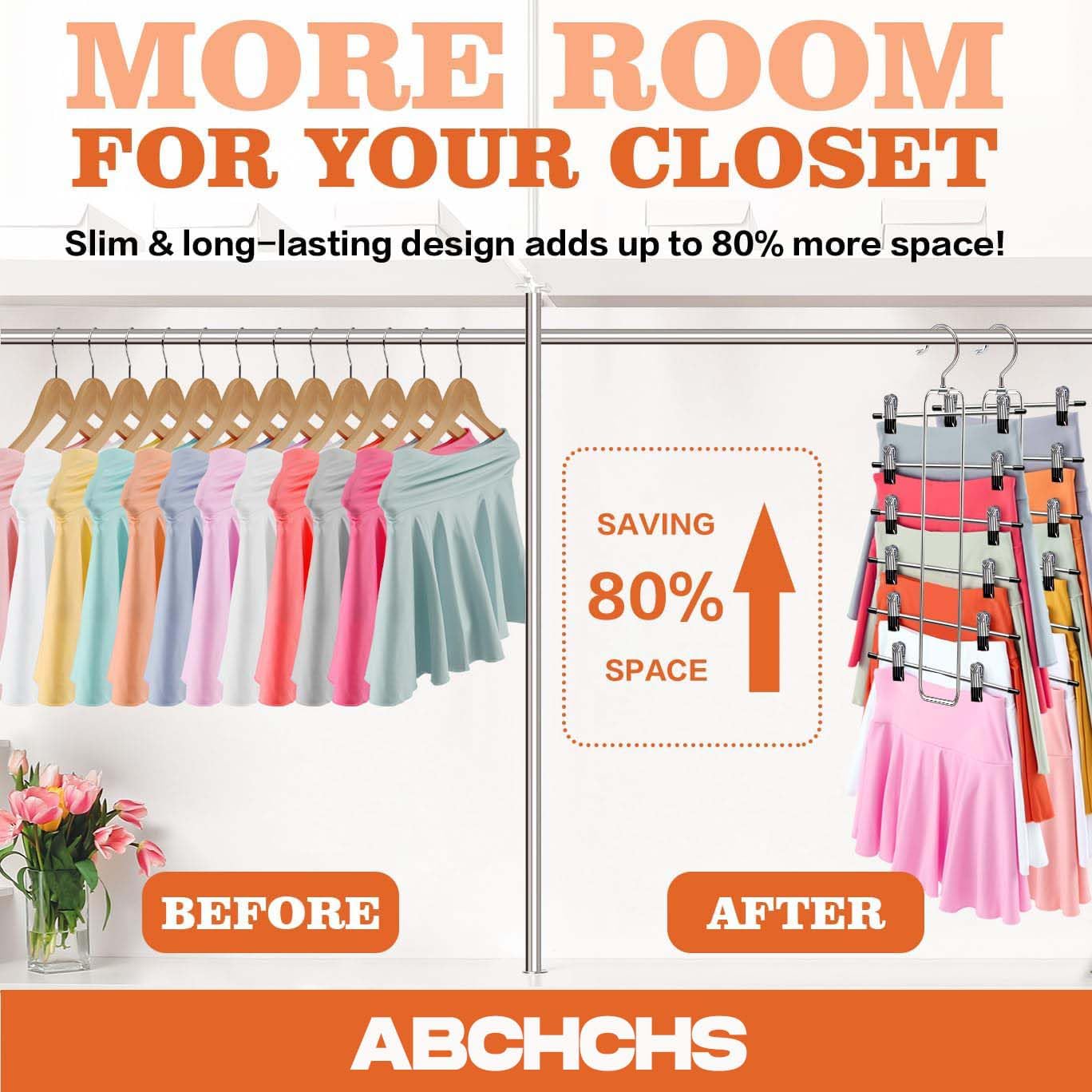 ABCHCHS Pants Hangers with Clips - Space Saving Hanging Closet Organizer and Storage - 6 Tiers Skirt Hangers with 360° Swivel Hook