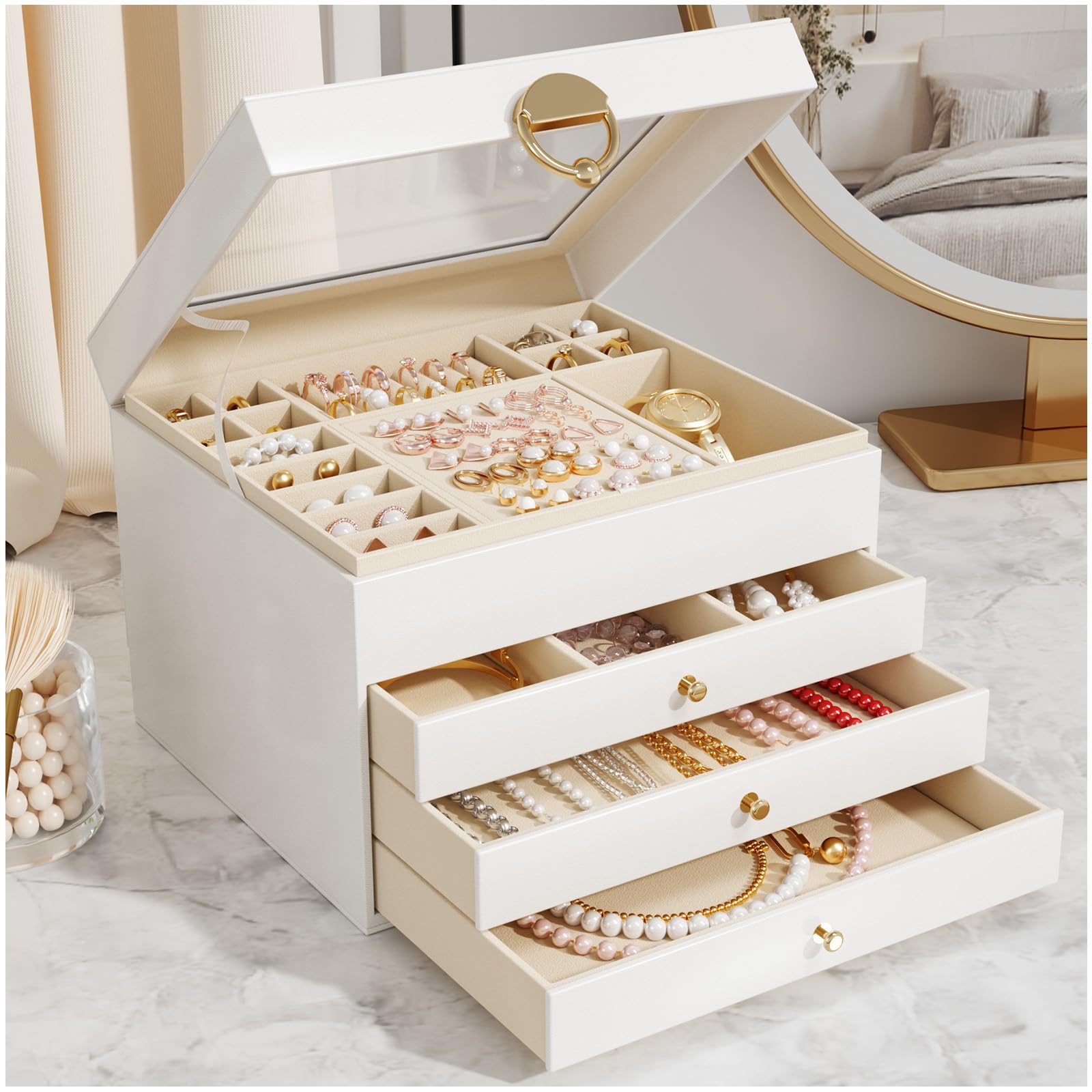Large Jewellery Box, 4-layer 3 Drawer Jewelry organiser, Cloud White