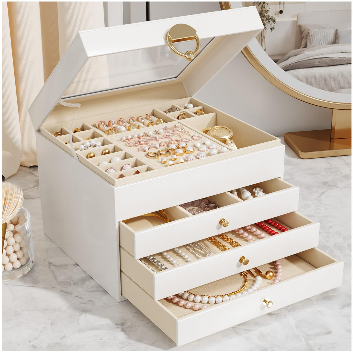 Large Jewellery Box, 4-layer 3 Drawer Jewelry organiser, Cloud White