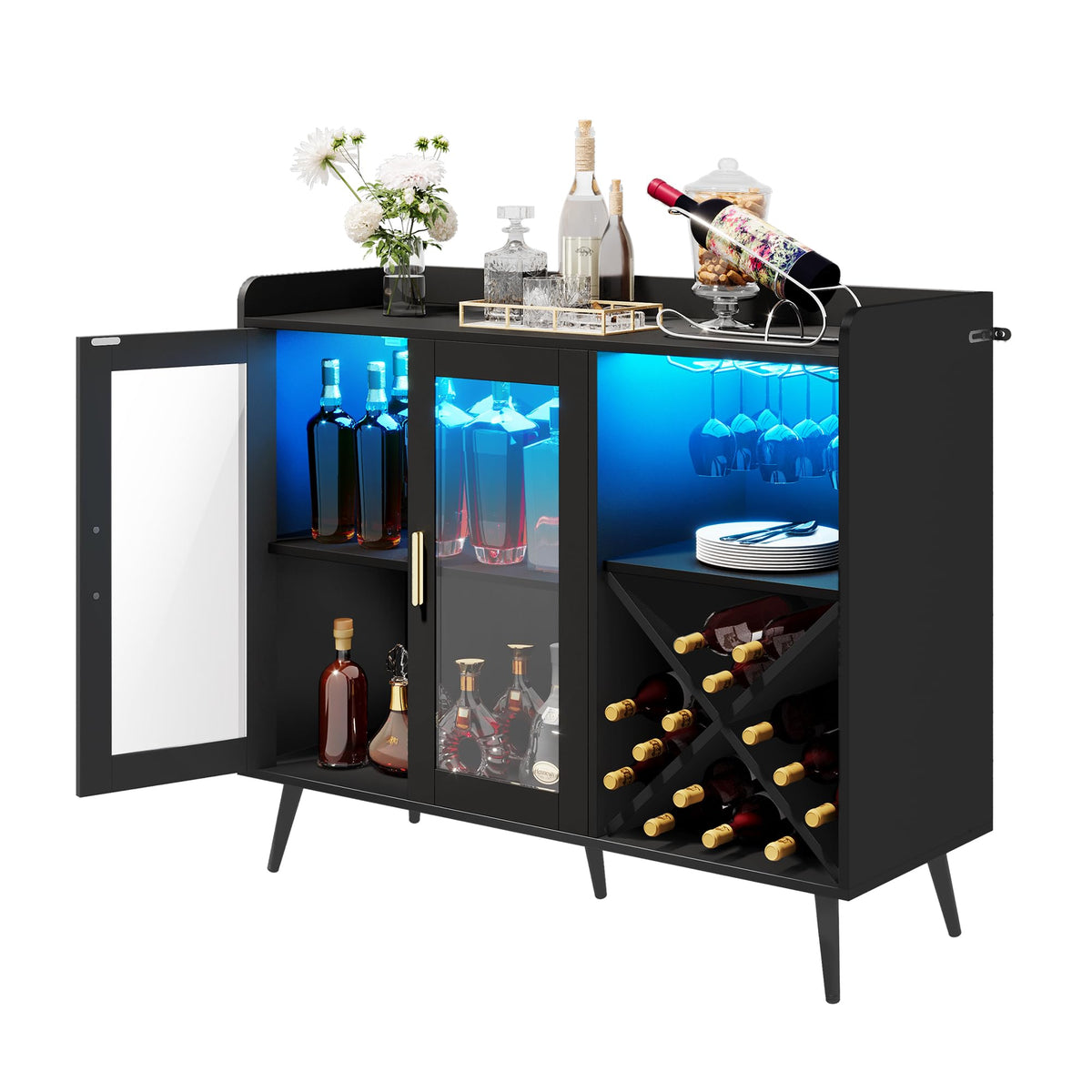 YITAHOME Bar Cabinet with Adjustable LED Lights, Coffee Bar with Wine Rack & Hooks & Acrylic Door Cabinet