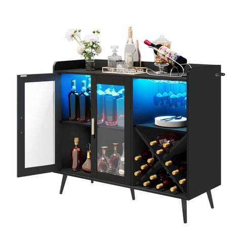 YITAHOME Bar Cabinet with Adjustable LED Lights, Coffee Bar with Wine Rack & Hooks & Acrylic Door Cabinet