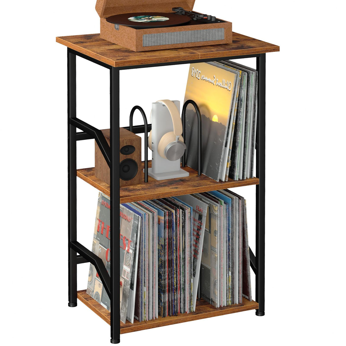 LOAKEKEL Record Player Stand, Vinyl Record Storage with Extra-Large Desktop