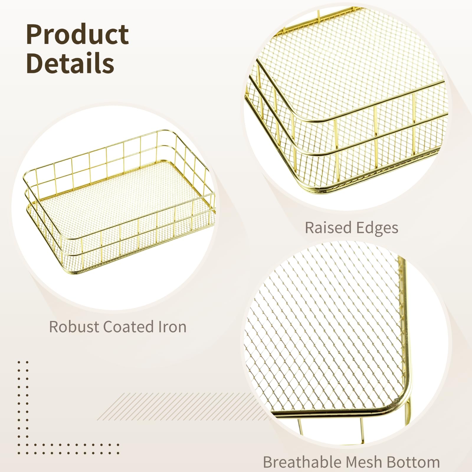 2 PCS Golden Metal Storage Baskets, Wire Desktop Organizer Tray 24.5 x 16.5 x 6.5 cm