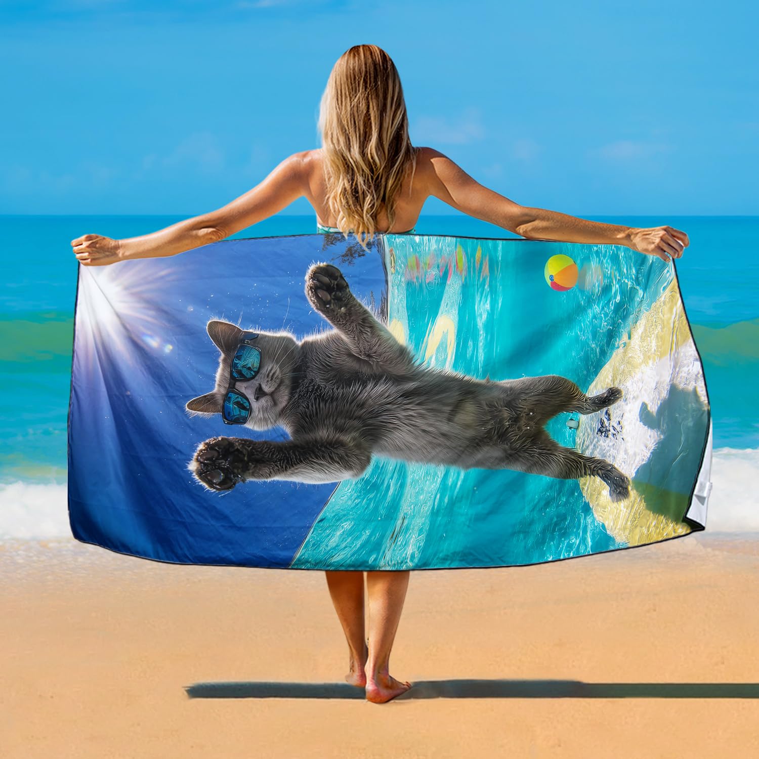 Violetpos Day Surfing Grey Cat with Sunglasses Beach Towel, Extra Large 180x90 cm 250GSM Microfibre, Sand Free Quick Dry
