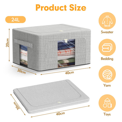 AIOR 3PCS 24L Clothes Storage Bags with Metal Frame, Foldable Fabric Storage Boxes with Clear Windows for Blankets Bedding Comforters